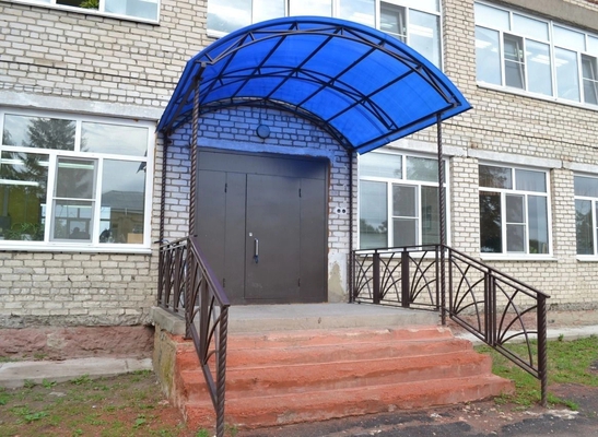 Навес из поликарбоната синий арочный для крыльца учреждения